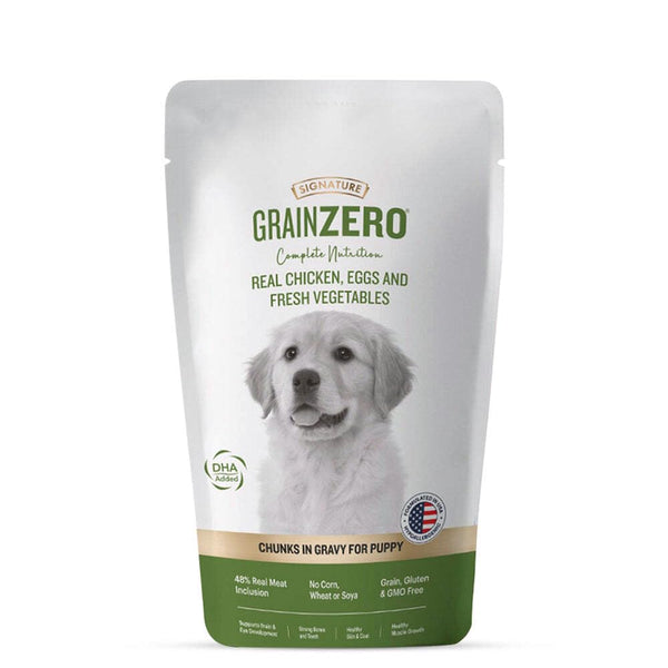 GRAIN ZERO REAL CHICKEN EGG AND FRESH VEGITABLES CHUNKS IN GRAVY PUPPY 150GM