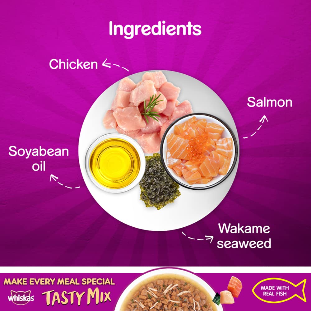 WHISKAS TM CHICKEN SALMON WAKAME SEAWEED IN GRAVY 70G