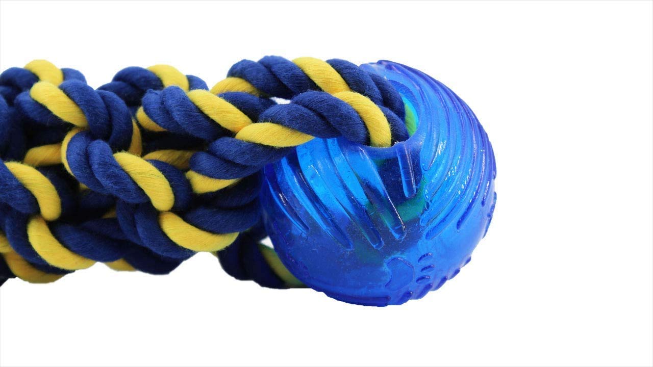 TWISTED CHEWS MEDIUM BRAIDED COTTON ROPE BUMPER WITH 2 TPR BALL 9.5 INCH