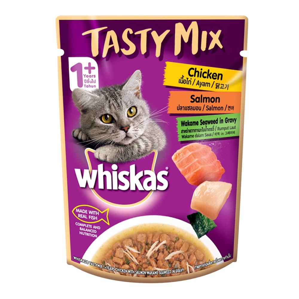 WHISKAS TM CHICKEN SALMON WAKAME SEAWEED IN GRAVY 70G