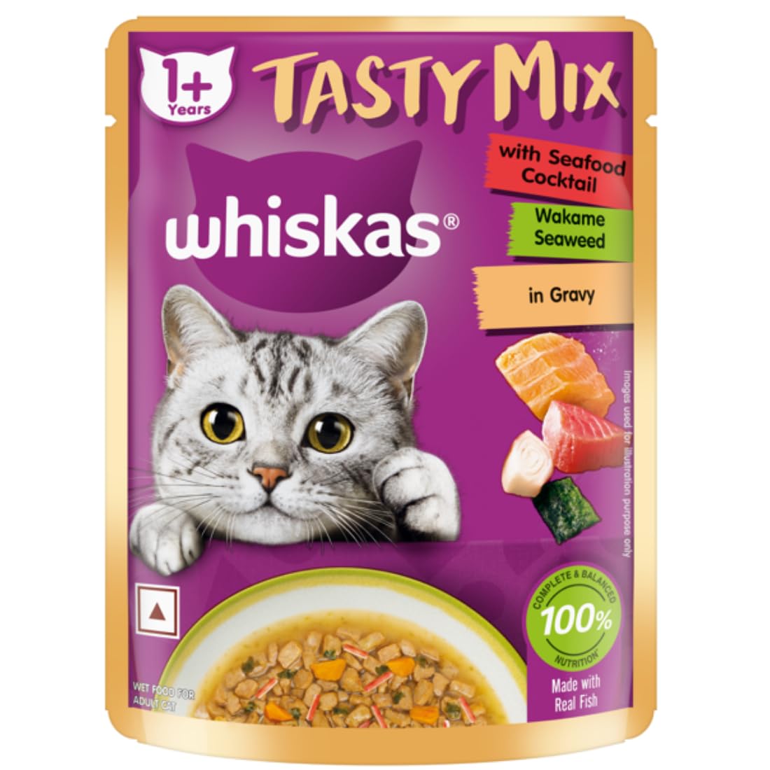 WHISKAS TASTY MIX SEAFOOD COCKTAIL WAKAME SEAWEED GRAVY 70G