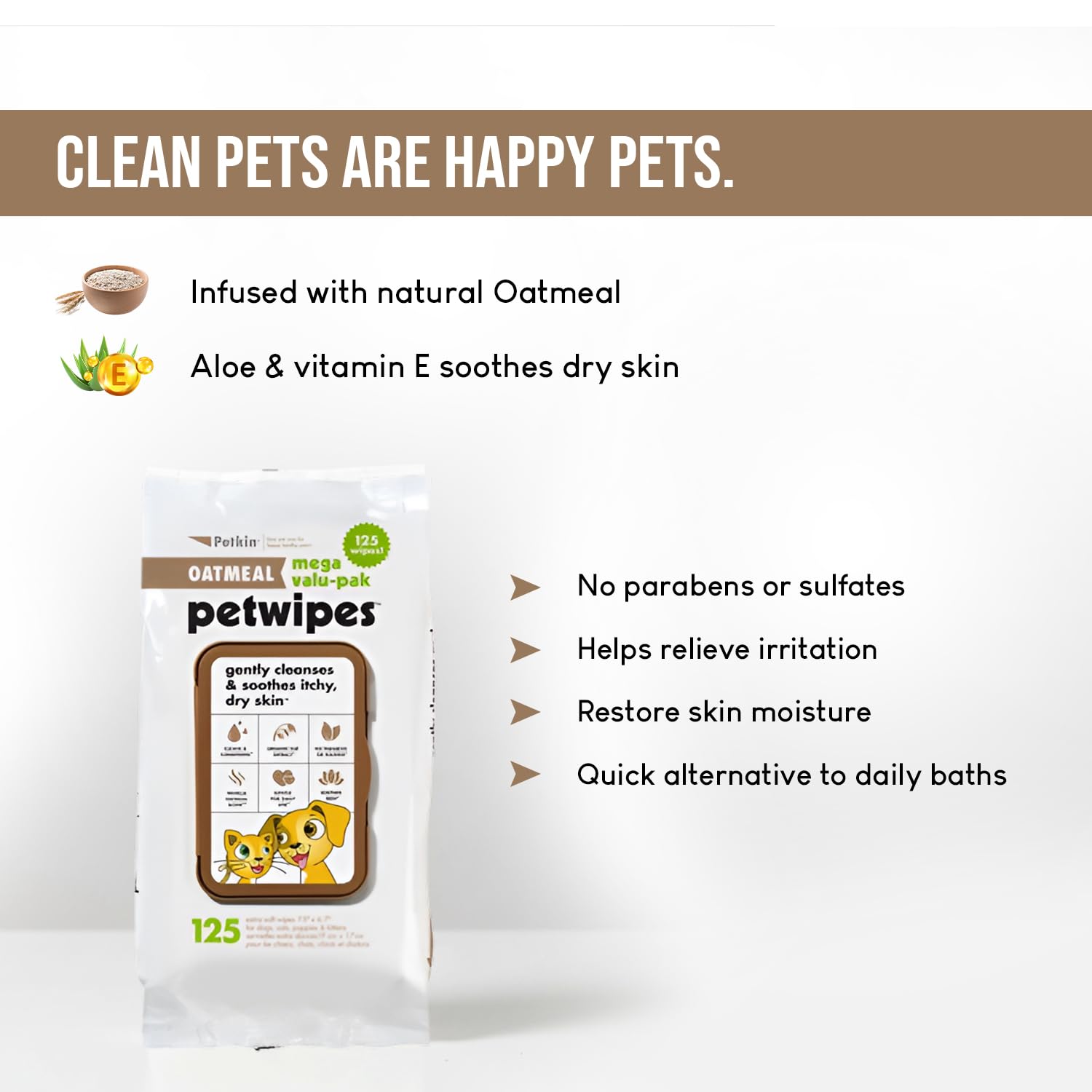 PETKIN OATMEAL PET WIPES VALUPAK 125PCS