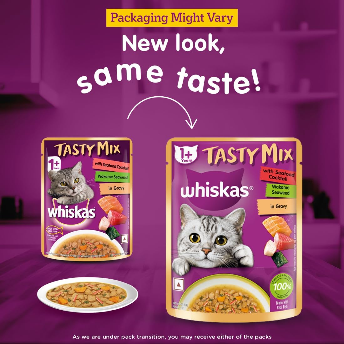WHISKAS TASTY MIX SEAFOOD COCKTAIL WAKAME SEAWEED GRAVY 70G