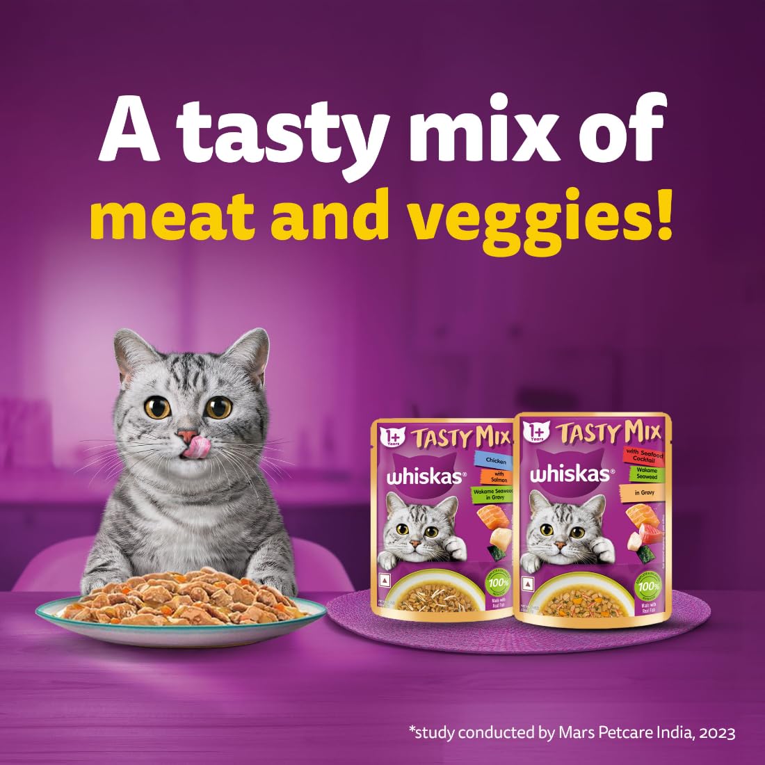 WHISKAS TASTY MIX SEAFOOD COCKTAIL WAKAME SEAWEED GRAVY 70G