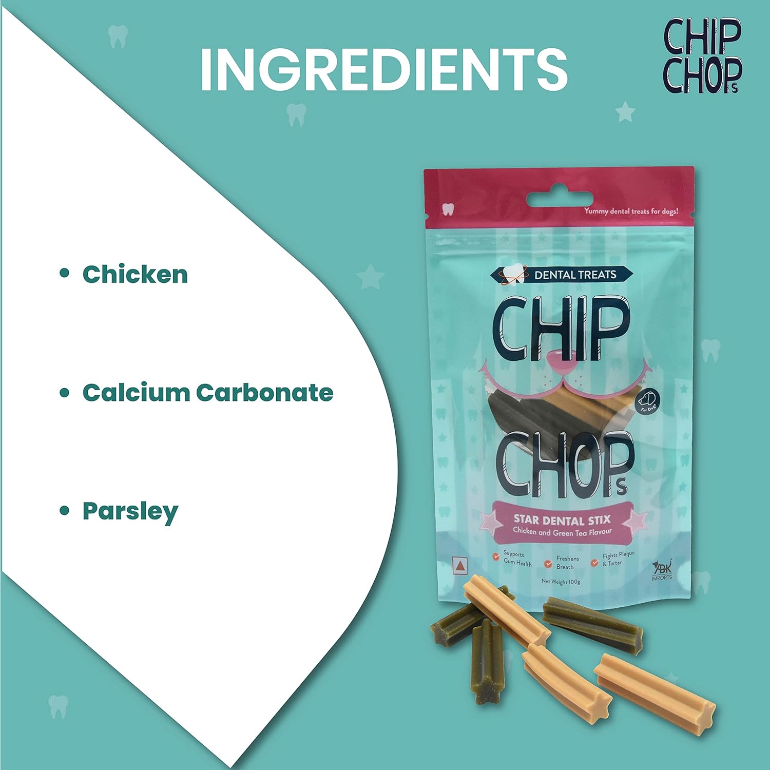 CHIP CHOPS STAR DENTAL STIX CHICKEN AND GREEN TEA FLAVOR 100G