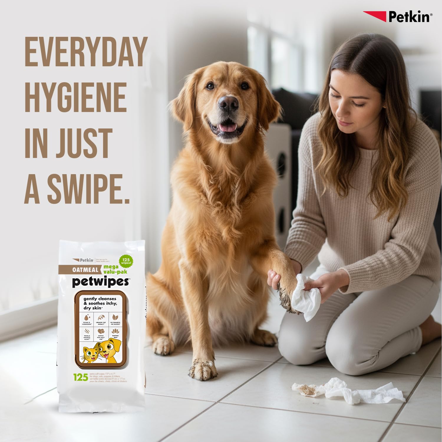 PETKIN OATMEAL PET WIPES VALUPAK 125PCS