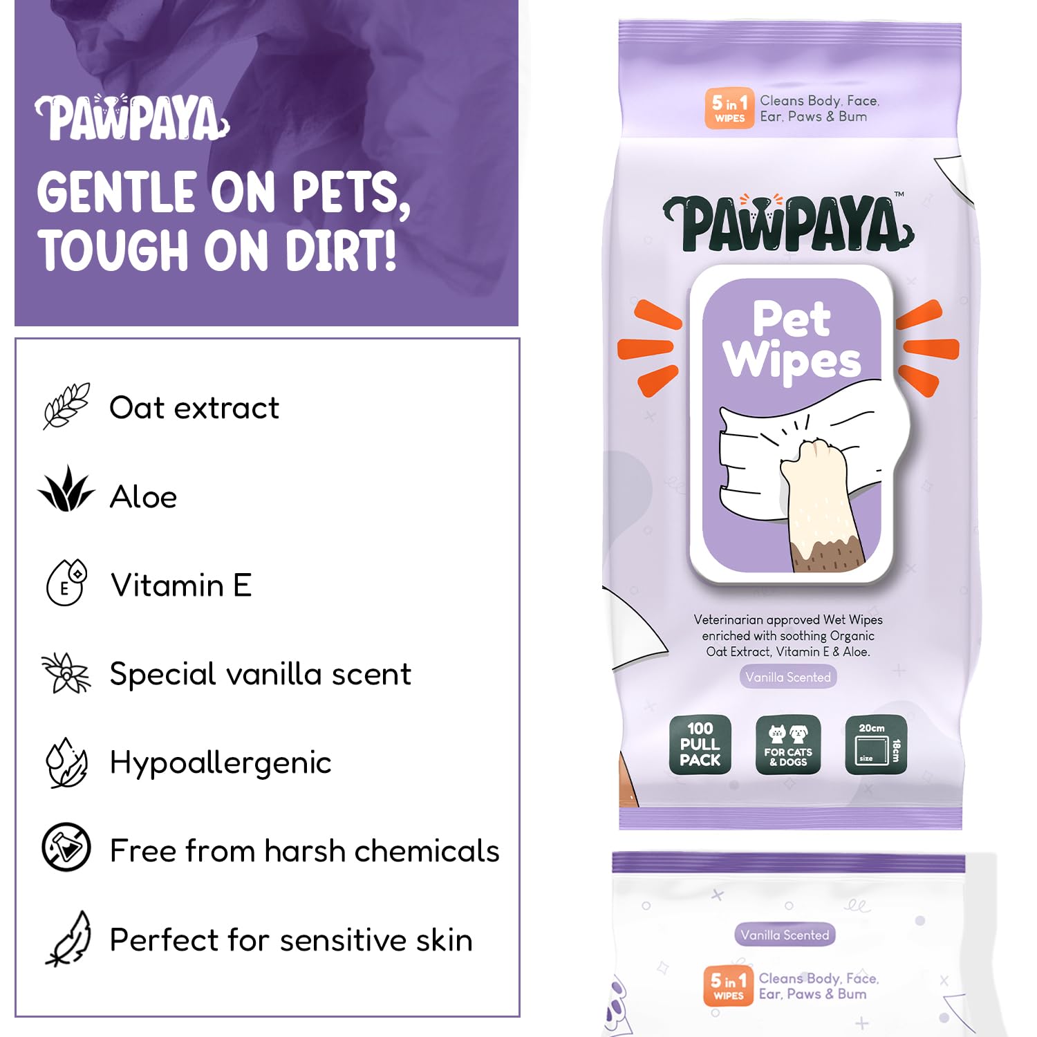 PAWPAYA PET WIPES 100 PULL PACK 20 X 18CM