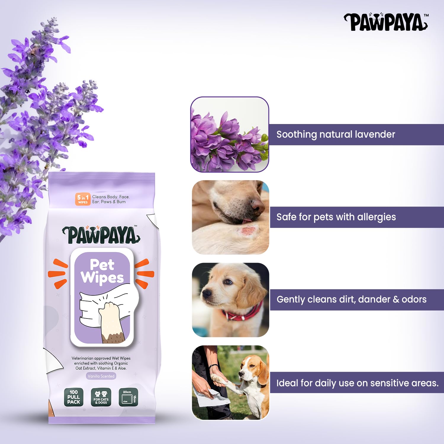 PAWPAYA PET WIPES 100 PACK TUB 19 X 16CM