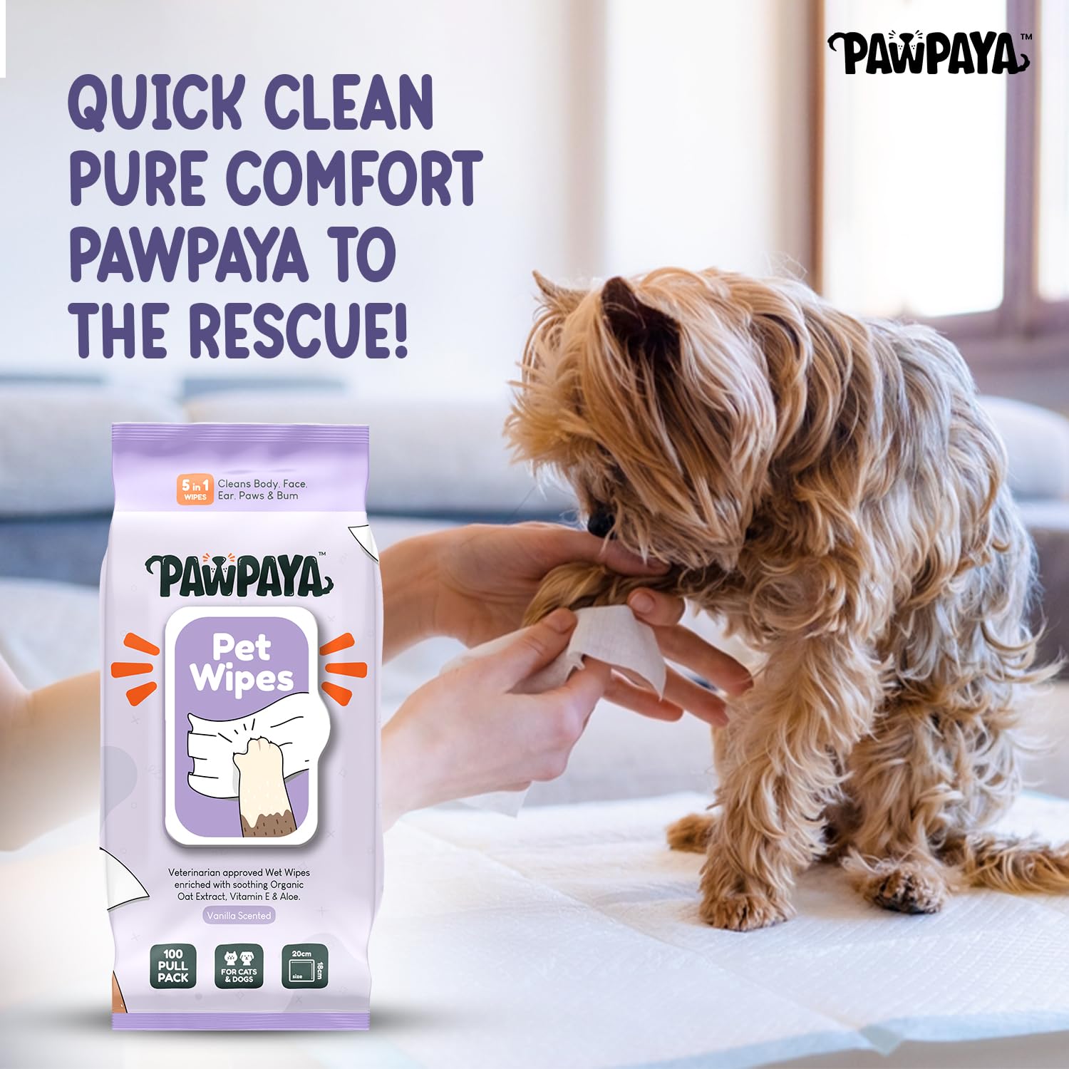 PAWPAYA PET WIPES 100 PACK TUB 19 X 16CM