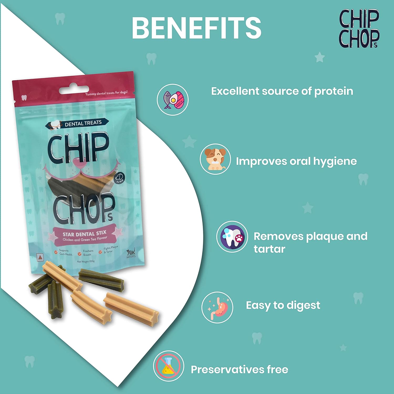 CHIP CHOPS STAR DENTAL STIX CHICKEN AND GREEN TEA FLAVOR 100G