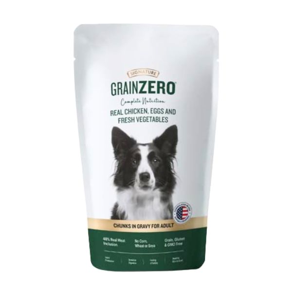 GRAIN ZERO REAL CHICKEN EGG AND FRESH VEGITABLES CHUNKS IN GRAVY ADULT 150GM